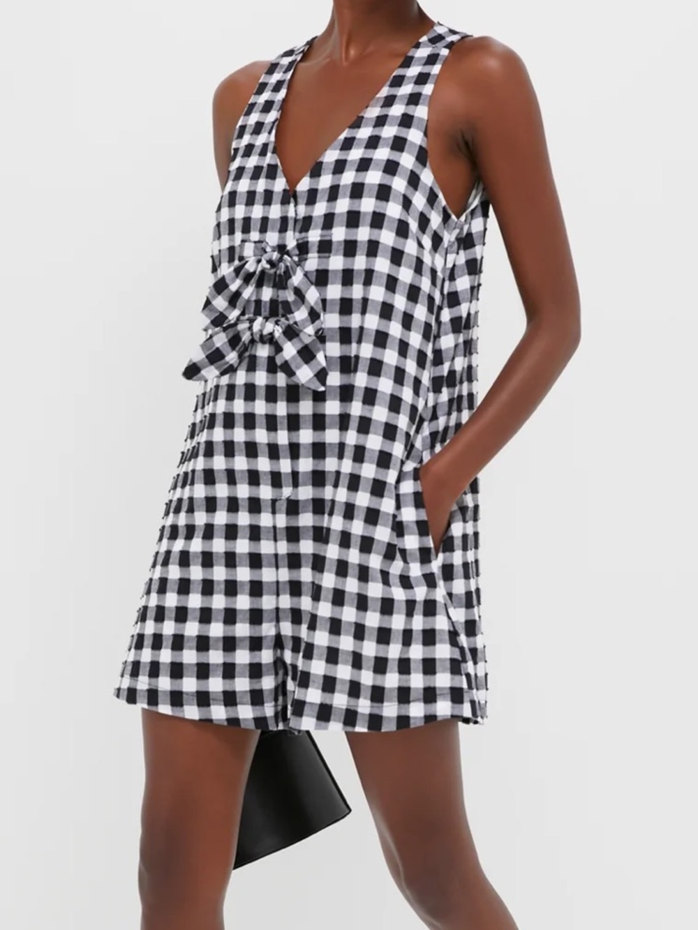 Tuckernuck Black Gingham Myla V-Neck Tie-Front Romper - Large